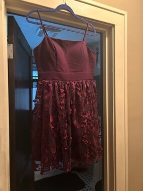 Trixxi Burgundy Floral Appliqué Spaghetti Strap Dress